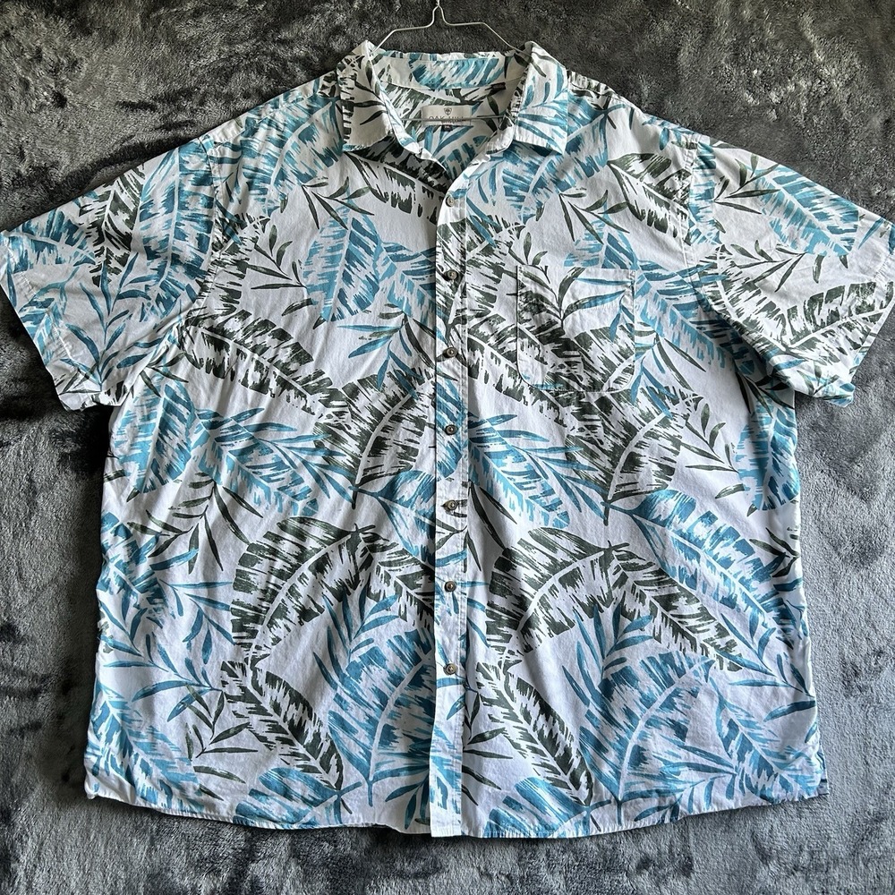 Oak‎ Hill Hawaiian Shirt Mens 2XL Blue Palm Leaf Tropical Button Up Beach Shirt